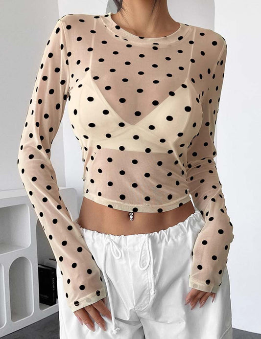 Sexy Polka Dots Mesh Long Sleeve Sheer Blouse