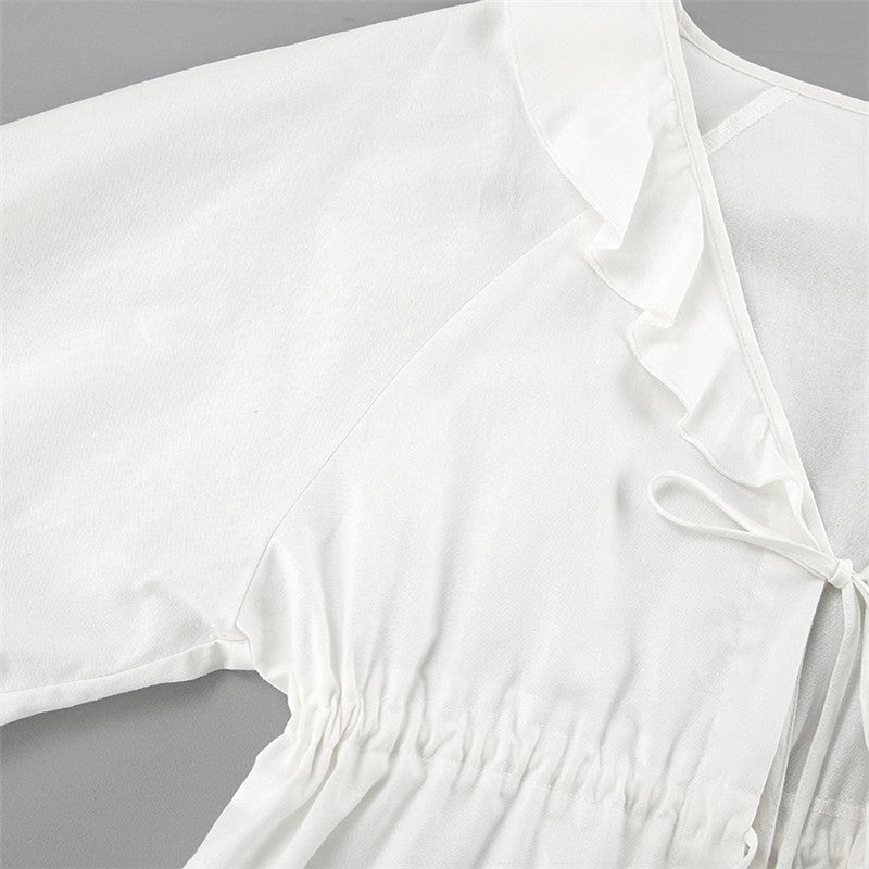 White Lantern Sleeve V-Neck Top And Shorts Set