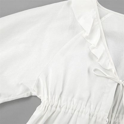 White Lantern Sleeve V-Neck Top And Shorts Set