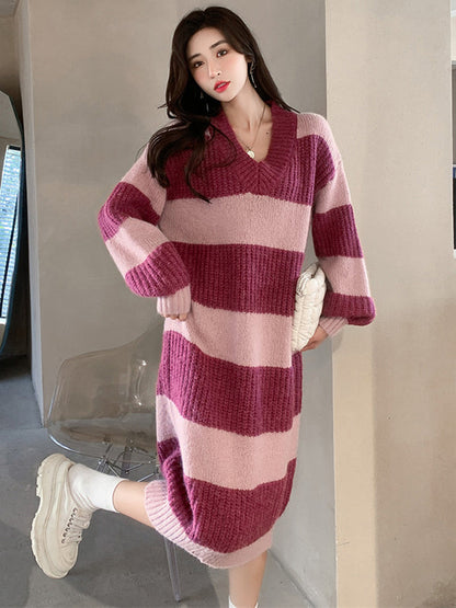 Stylish Loose Striped V-Neck Sweater Dresses