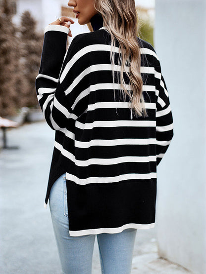 Loose Wrap Contrast Color Split-Side Striped High-Neck Sweater Tops