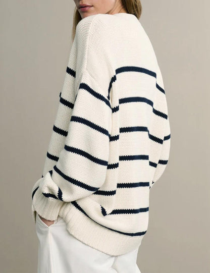 Striped V-Neck Color Block Button Down Cardigan