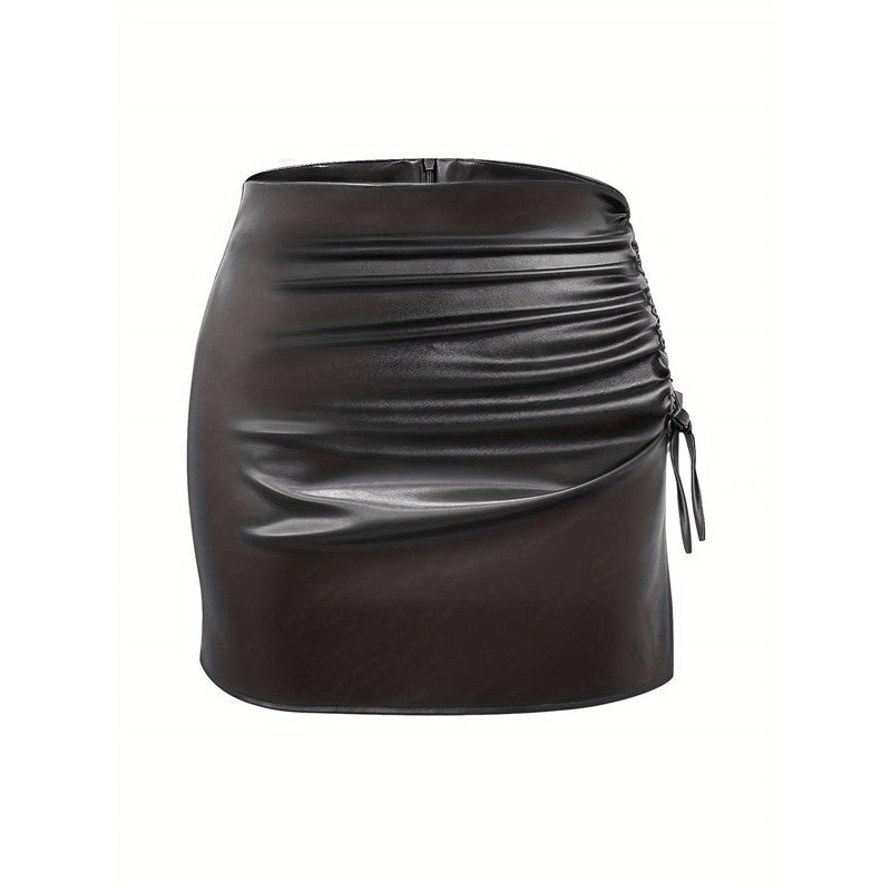 Drawstring High Waist Split Hem Leather Mini Skirt