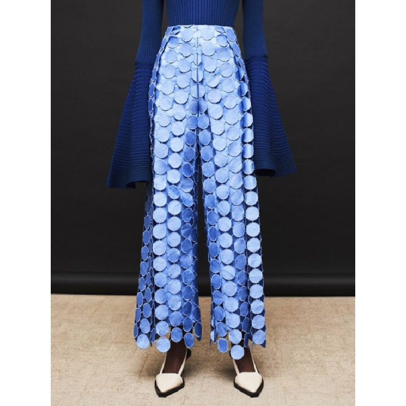 High Waisted Wide Leg Hollow Polka Dot Solid Color Pants Trousers