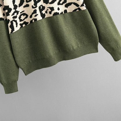 Simple V-Neck Loose Color Block Leopard Print Sweater
