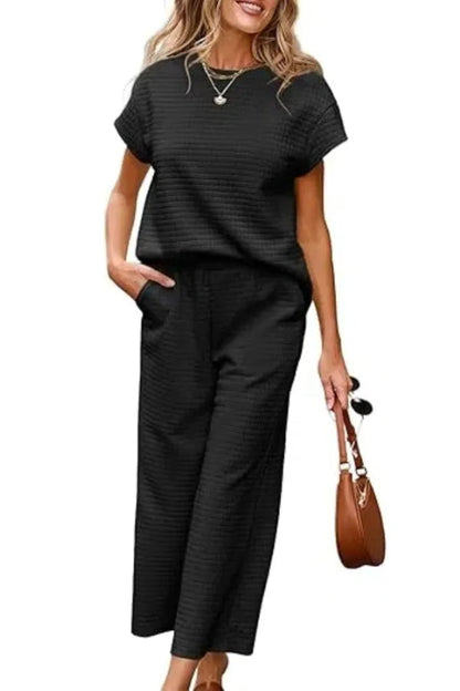 Women's Casual Textured Tops and Wide Leg Pants Lounge Sets