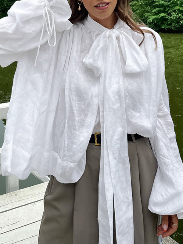 Loose Puff Sleeves Bandage Solid Color Blouses&Shirts Tops
