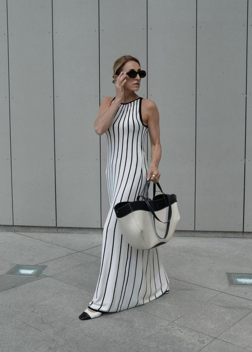 Sleeveless Ribbed Knit Maxi Dress With Stripes
