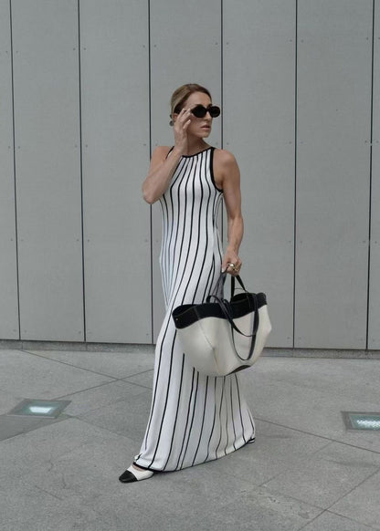 Sleeveless Ribbed Knit Maxi Dress With Stripes