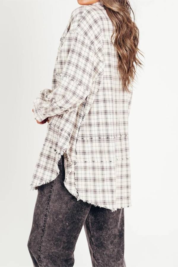 Women's Mineral Washed Button Down Plaid Flannel Shirt