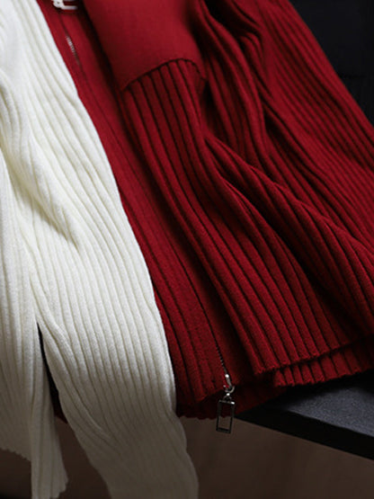 Solid Color Retro Pockets  Zipper Long Sleeves Stand Collar Sweater