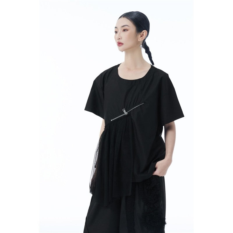 Vintage Mesh Zipper Short Sleeve T Shirt Women
