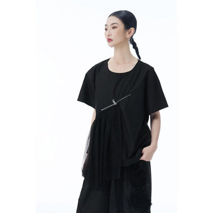 Vintage Mesh Zipper Short Sleeve T Shirt Women