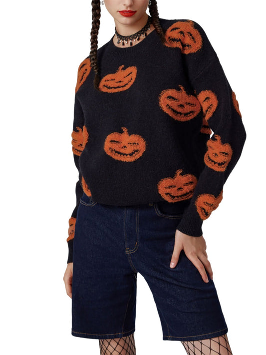 Crosa - Colorblock Pumpkin Jacquard Knit Halloween Sweater