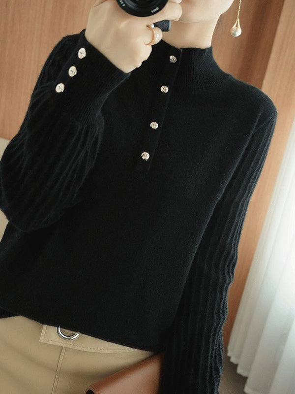Casual Puff Sleeves Long Sleeves Solid Color Half Turtleneck Sweater Tops