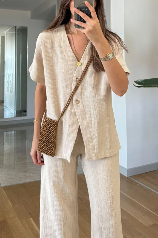 Casual V-Neck Short Sleeves \u0026 Pants Two-Piece Set