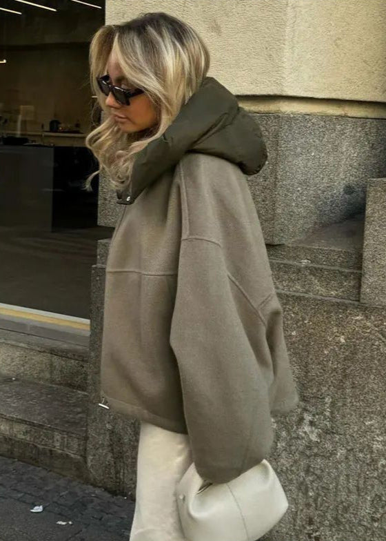 Oversized Hooded Zip Jacket With Padded Collar