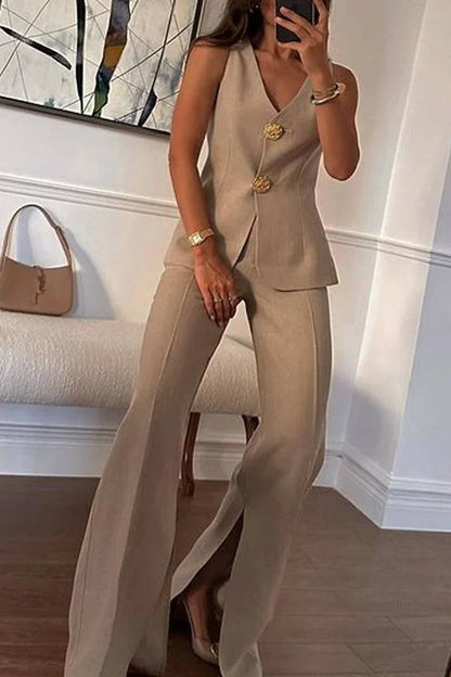 Solid Color Elegant Sleeveless Vest \u0026 Suit Pants Two-Piece Set