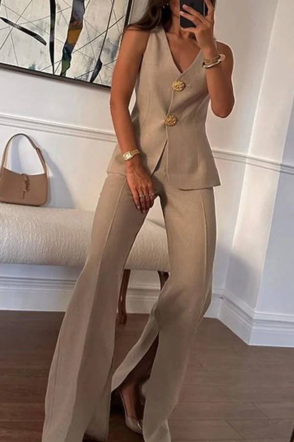 Solid Color Elegant Sleeveless Vest \u0026 Suit Pants Two-Piece Set