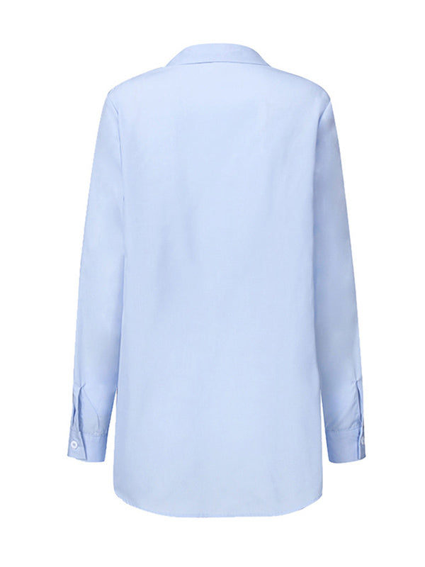 Long Sleeves Loose Bandage Buttoned Solid Color Split-Joint Lapel Collar Blouses