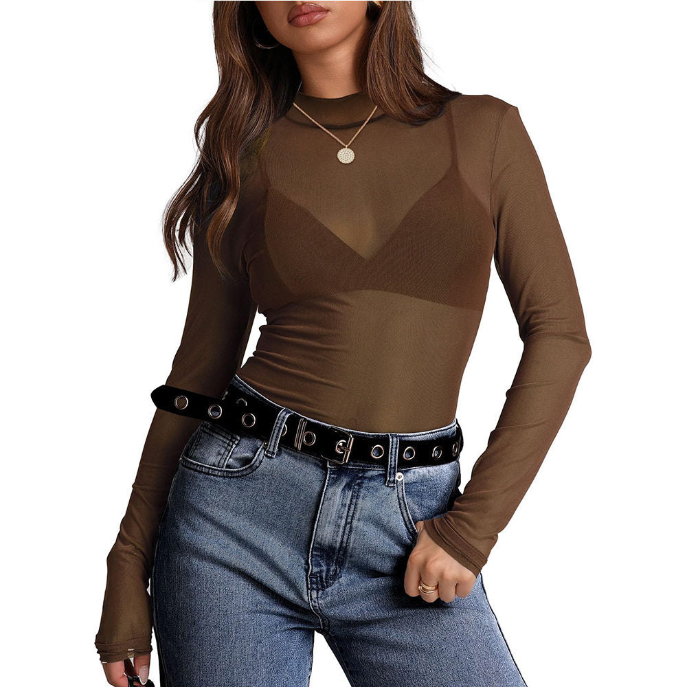 Mesh Long Sleeve Turtleneck Top