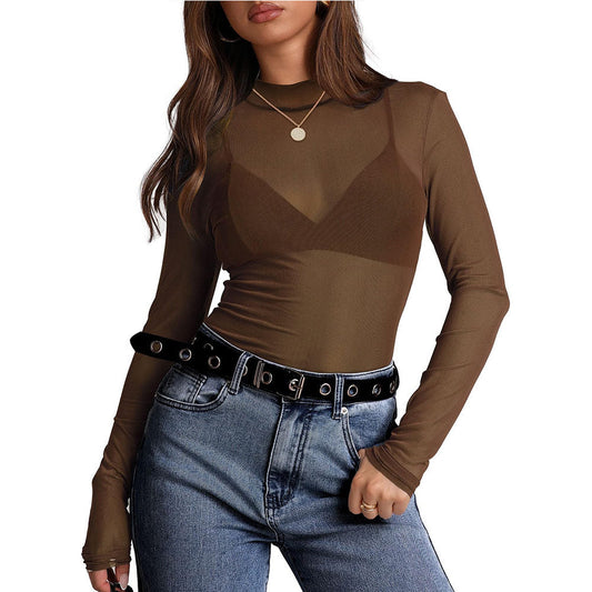 Mesh Long Sleeve Turtleneck Top