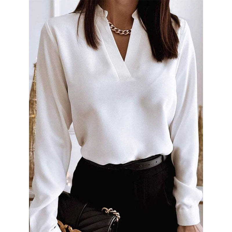 Long Sleeves Loose Solid Color V-Neck Blouses&Shirts Tops