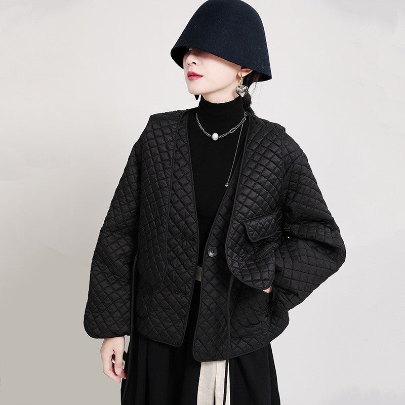 Loose Diamond Quilted Cotton Collarless Jacket
