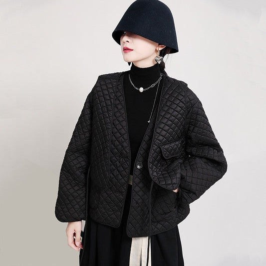 Loose Diamond Quilted Cotton Collarless Jacket