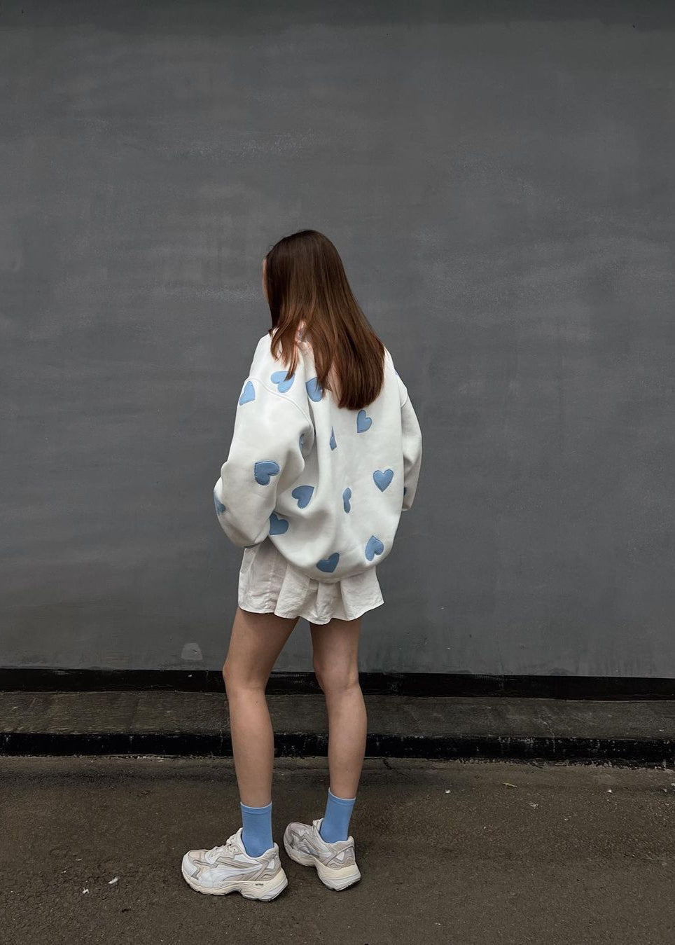 White Sweatshirt Soft Fabric Blue Heart Appliques