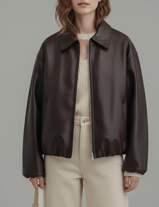 Simple Zipper Lapel Oversize Leather Jacket