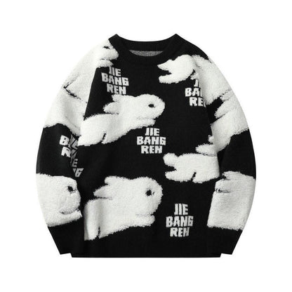 Cheng: Harajuku Couple Rabbit Sweater Jacket Red Loose Knit Sweater Jacket Fashion Striped Oversized Sweater Mens Clothes Pullover