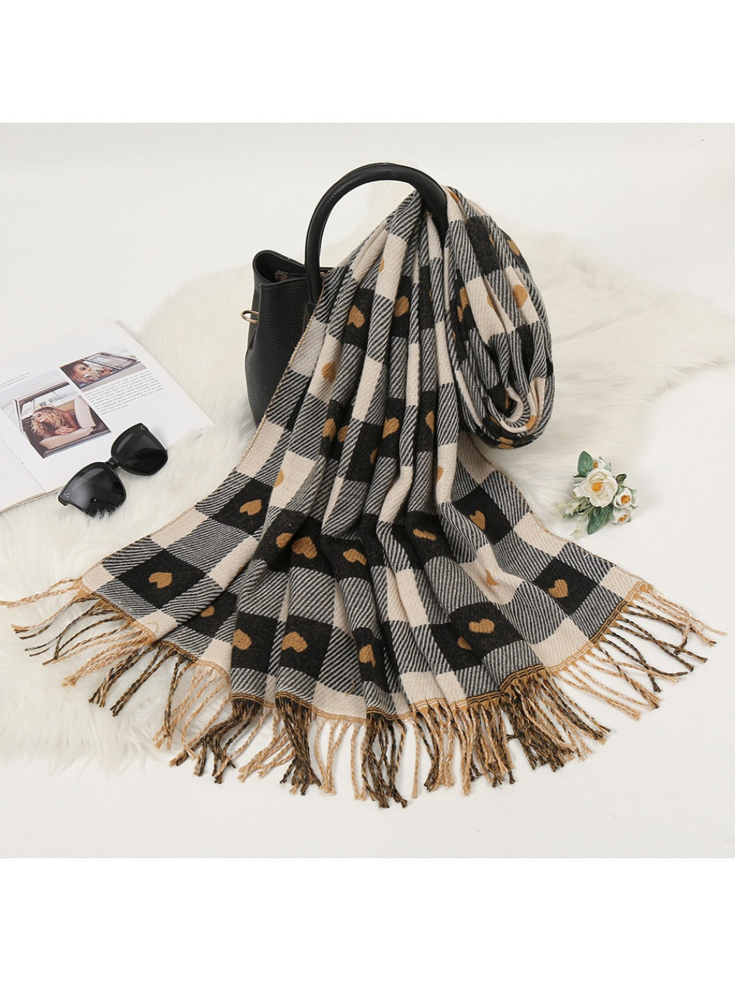 Sscarvii - Heart Print Plaid Winter Scarf