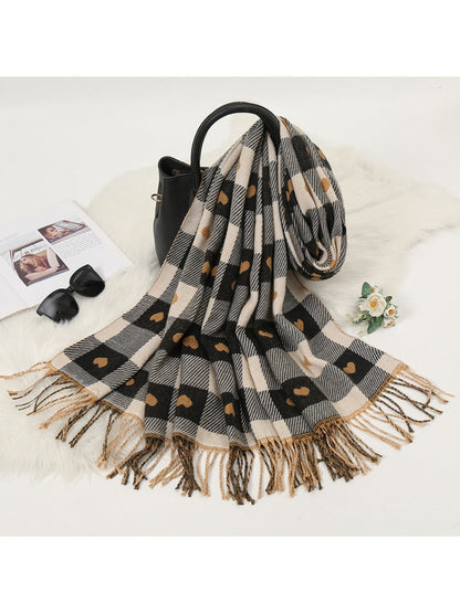 Sscarvii - Heart Print Plaid Winter Scarf