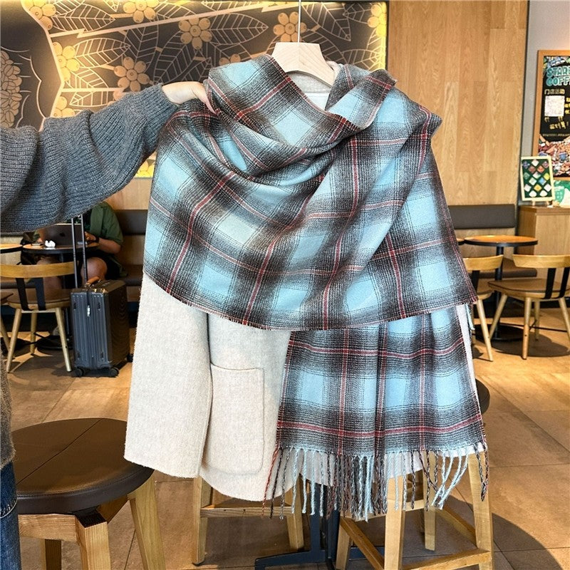 Color Block Plaid Fringe Scarf