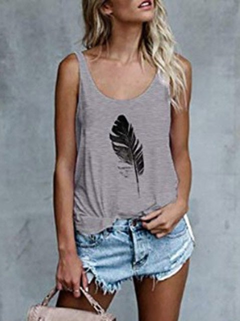 Women'S Casual Sleeveless O-Neck Pullover Feather Print Tank Top Loose Vest T-Shirt