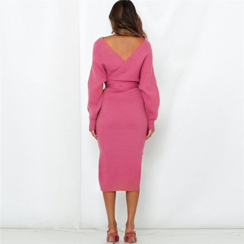 Knitted Slim Fit Lace Up V-Neck Balloon Sleeve Dress