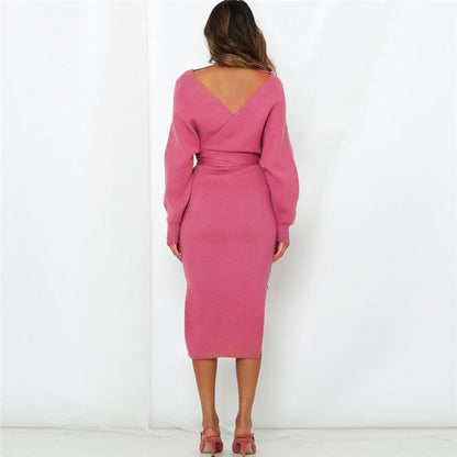 Knitted Slim Fit Lace Up V-Neck Balloon Sleeve Dress