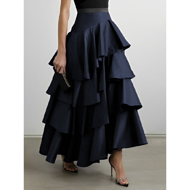 A-Line High Waisted Falbala Solid Color Long Skirts