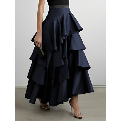 A-Line High Waisted Falbala Solid Color Long Skirts