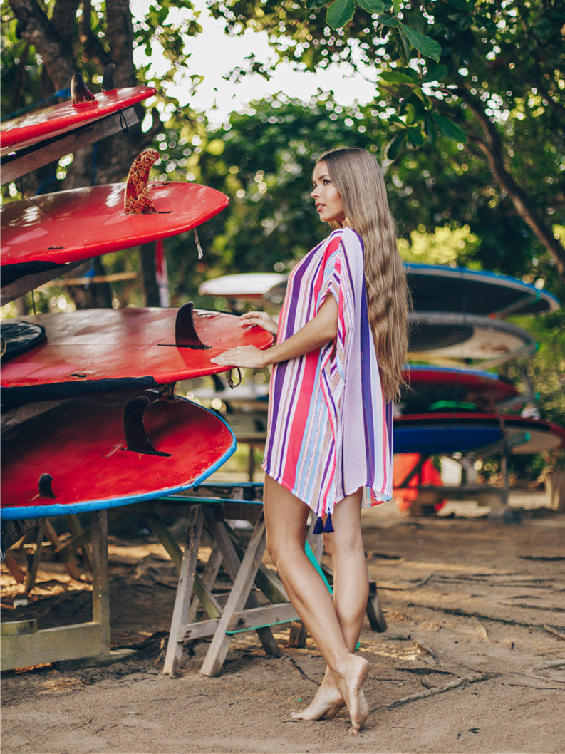 Chiffon Multicolor Stripe Beach Sun Proof Shirt With Resort Dress And Bikini Swimwear Blouse