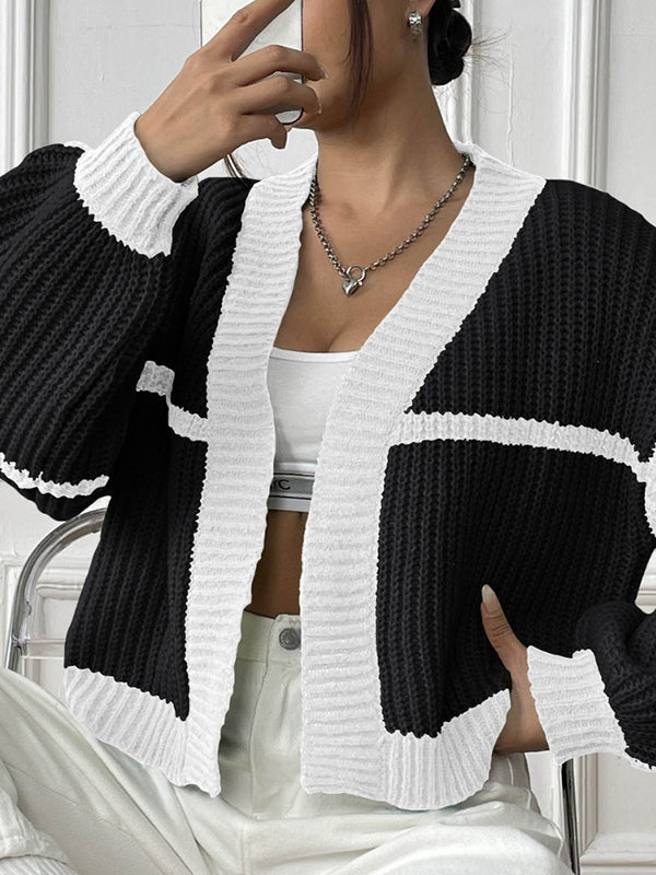 Long Sleeves Loose Contrast Color Cardigan Sweater Tops