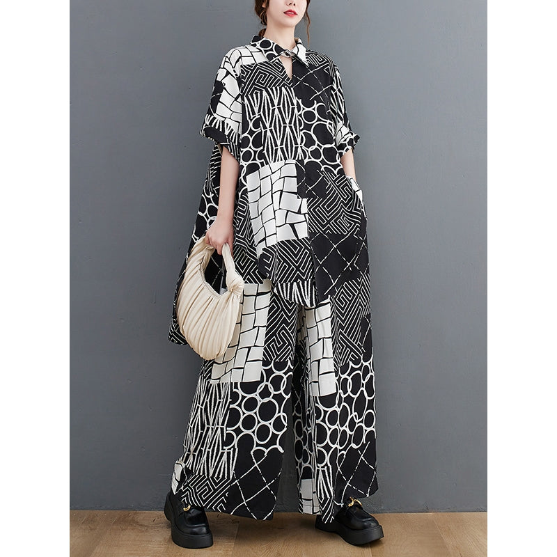 Original Loose Contrast Color Plaid Polka-Dot Blouse&Wide Legs Pants Two Pieces Set