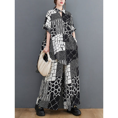 Original Loose Contrast Color Plaid Polka-Dot Blouse&Wide Legs Pants Two Pieces Set
