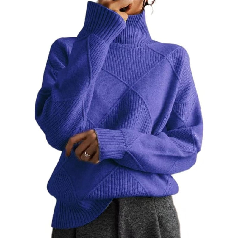 Fashion High Neck Diamond Texture Solid Color Pullover