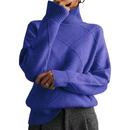 Fashion High Neck Diamond Texture Solid Color Pullover