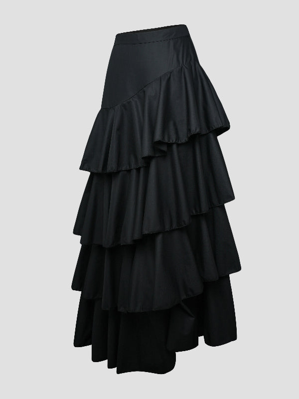A-Line High Waisted Falbala Solid Color Long Skirts