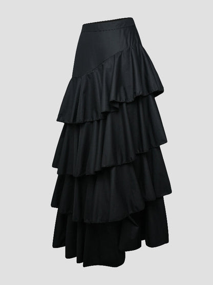 A-Line High Waisted Falbala Solid Color Long Skirts