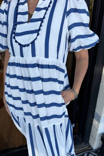 Women's Short Bubble Sleeve Striped Dress With Pockets