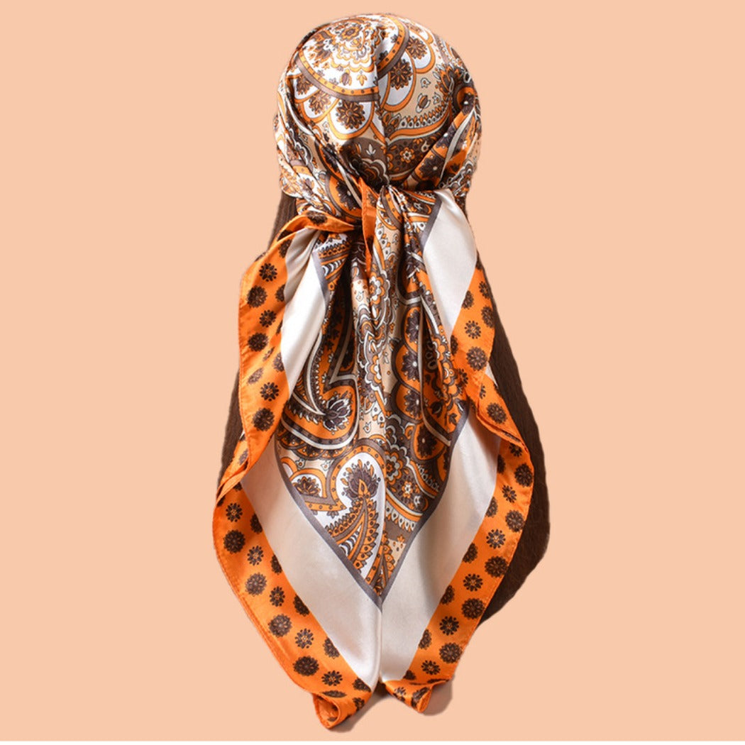 Scarvii - Vintage Paisley Silky Square Scarf - Orange/Blue